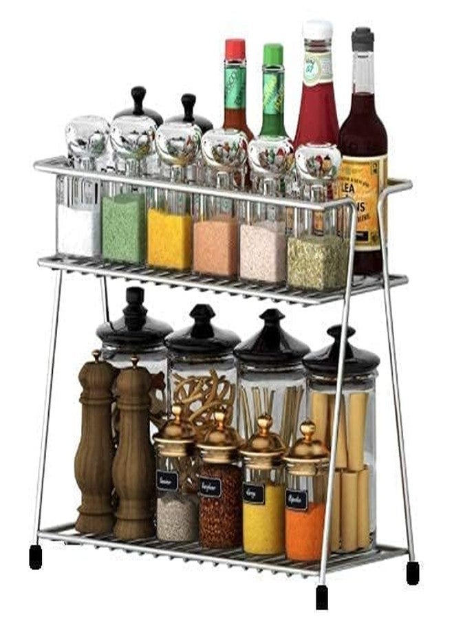 Homify Stainless Steel 2 Layer Spice Rack | Modular Kitchen Storage Organizer | Multipurpose Shelf for Countertop, Tabletop | Tiered Silver Rack - Image 4